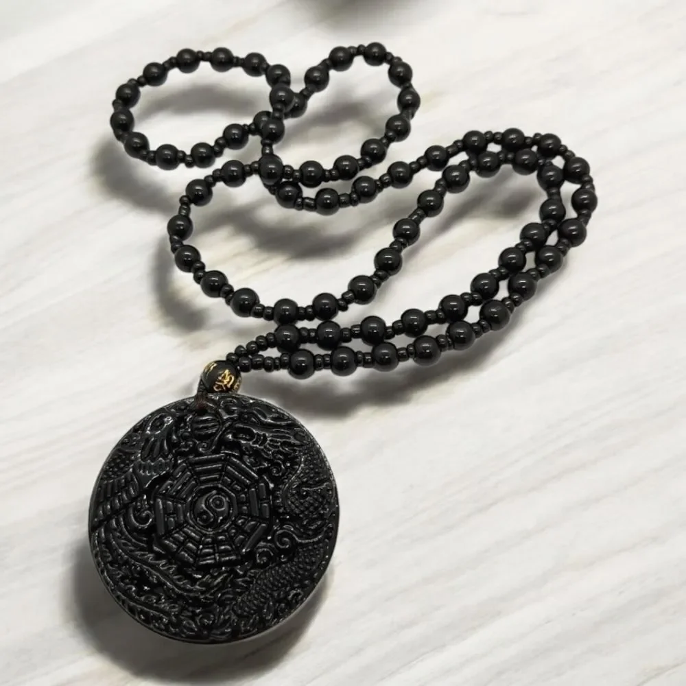 Black Obsidian Dragon Phoenix Pendant Necklace Feng Shui Good Luck Charm Fantasy